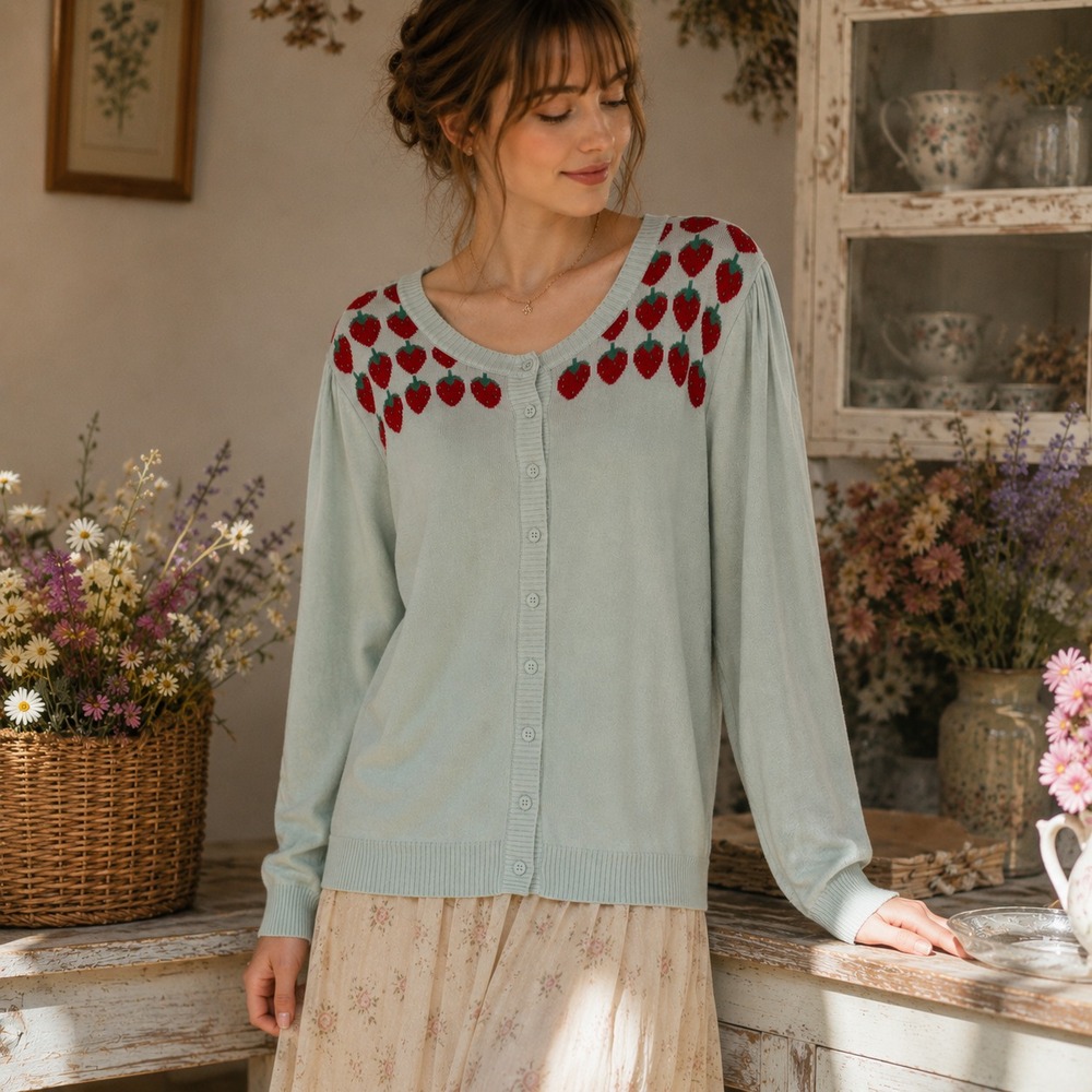 ModCloth Strawberry Cardigan Sweater Plus Size 1X  Fruit Novelty Cottage Kawaii